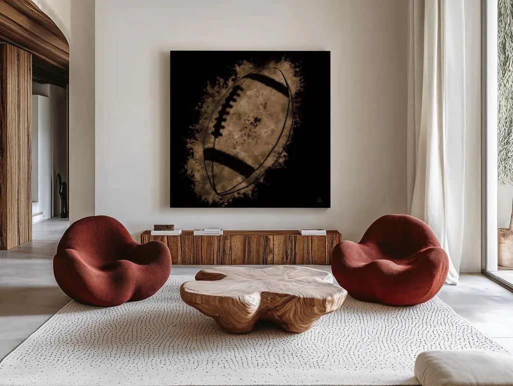 Let the Games Begin III Neutral by Sarah Adams. Shown as extra-large giant wall art in a modern living room. Available as an archival giclee rolled canvas, fine art paper, or poster print. SKU 90965a.