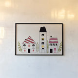 Little Houses III by Sarah Adams. shown as a paper print in a black flame. Available as a archival giclee rolled canvas, fine art paper, or poster print. SKU 101676i.