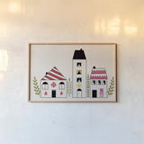 Little Houses III by Sarah Adams. shown as a paper print in a natural frame. Available as a archival giclee rolled canvas, fine art paper, or poster print. SKU 101676i.