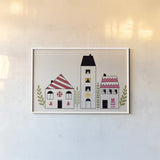 Little Houses III by Sarah Adams. shown as a paper print in a white frame. Available as a archival giclee rolled canvas, fine art paper, or poster print. SKU 101676i.