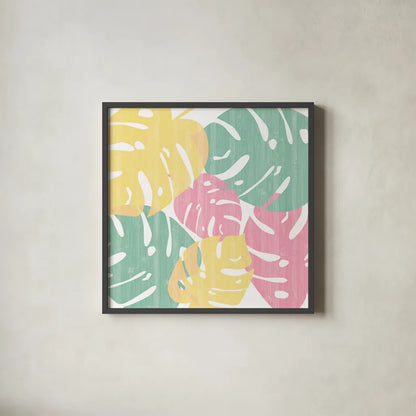 Monstera I Bright on White by Sarah Adams. Shown in a sleek black glass frame for a contemporary gallery look. Available as an archival giclee rolled canvas, fine art paper, or poster print. SKU 33647a.
