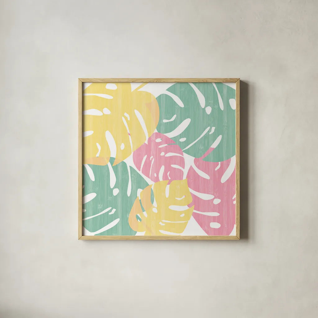 Monstera I Bright on White by Sarah Adams. Shown in a natural wood glass frame for a timeless modern aesthetic. Available as an archival giclee rolled canvas, fine art paper, or poster print. SKU 33647a.