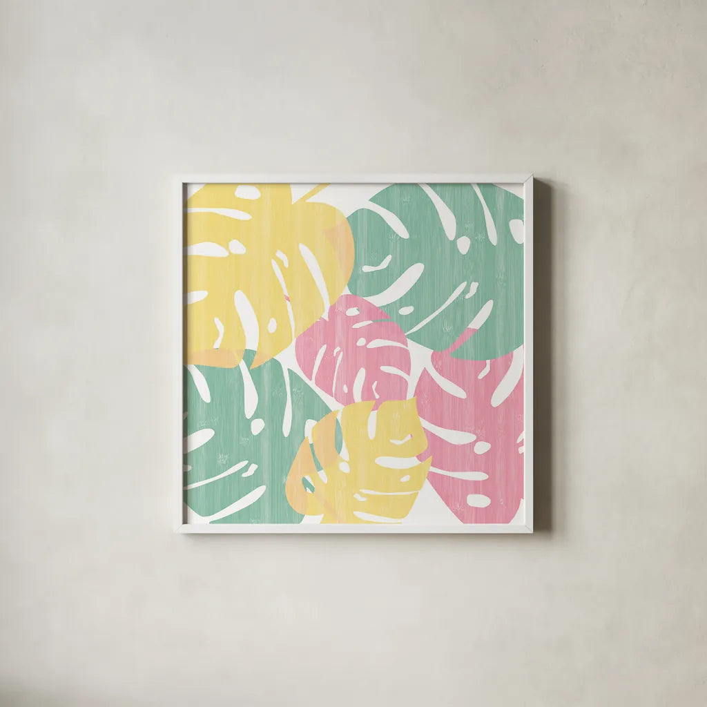 Monstera I Bright on White by Sarah Adams. Shown in a crisp white glass frame for a clean and minimalist style. Available as an archival giclee rolled canvas, fine art paper, or poster print. SKU 33647a.