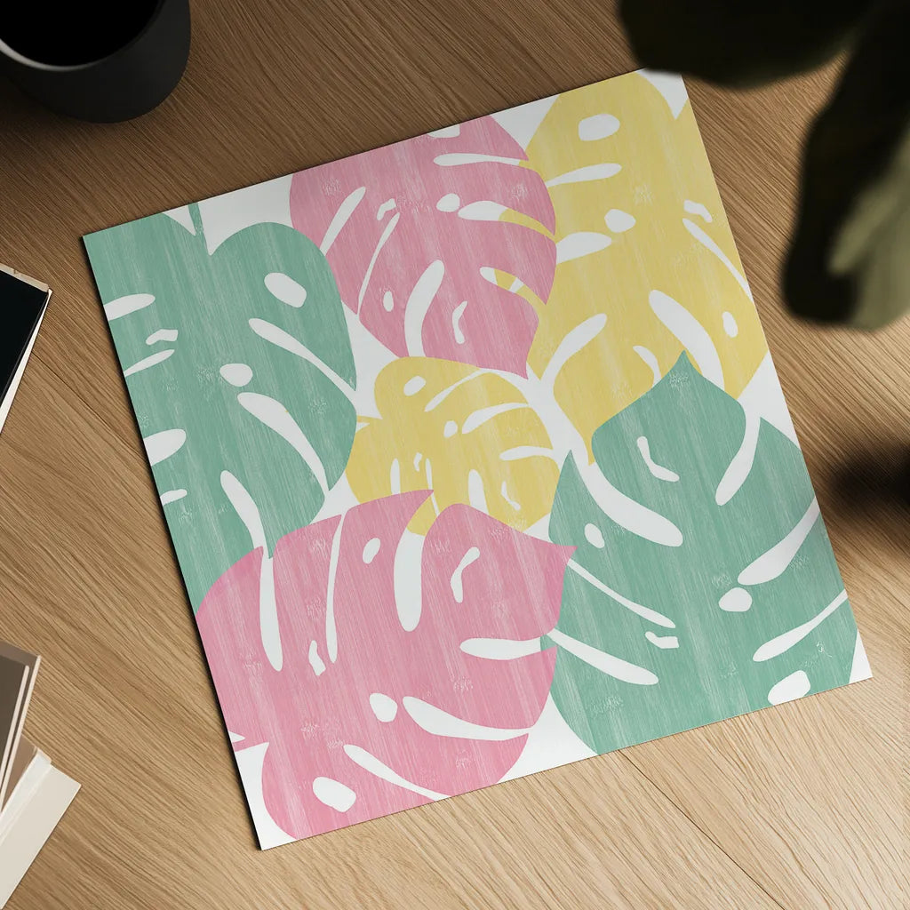 Monstera II Bright on White by Sarah Adams. Shown as a detailed flat fine art print, highlighting archival giclee quality. Available as an archival giclee rolled canvas, fine art paper, or poster print. SKU 33648a.