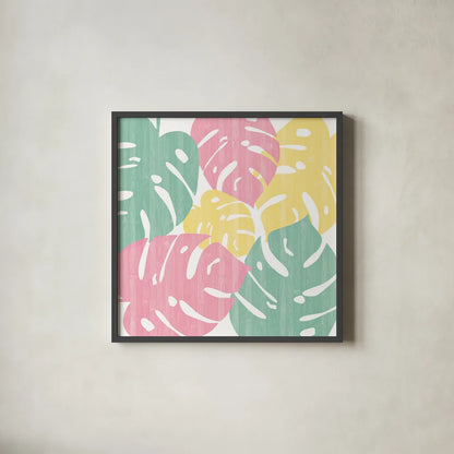 Monstera II Bright on White by Sarah Adams. Shown in a sleek black glass frame for a contemporary gallery look. Available as an archival giclee rolled canvas, fine art paper, or poster print. SKU 33648a.