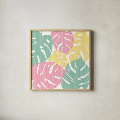 Monstera II Bright on White by Sarah Adams. Shown in a natural wood glass frame for a timeless modern aesthetic. Available as an archival giclee rolled canvas, fine art paper, or poster print. SKU 33648a.