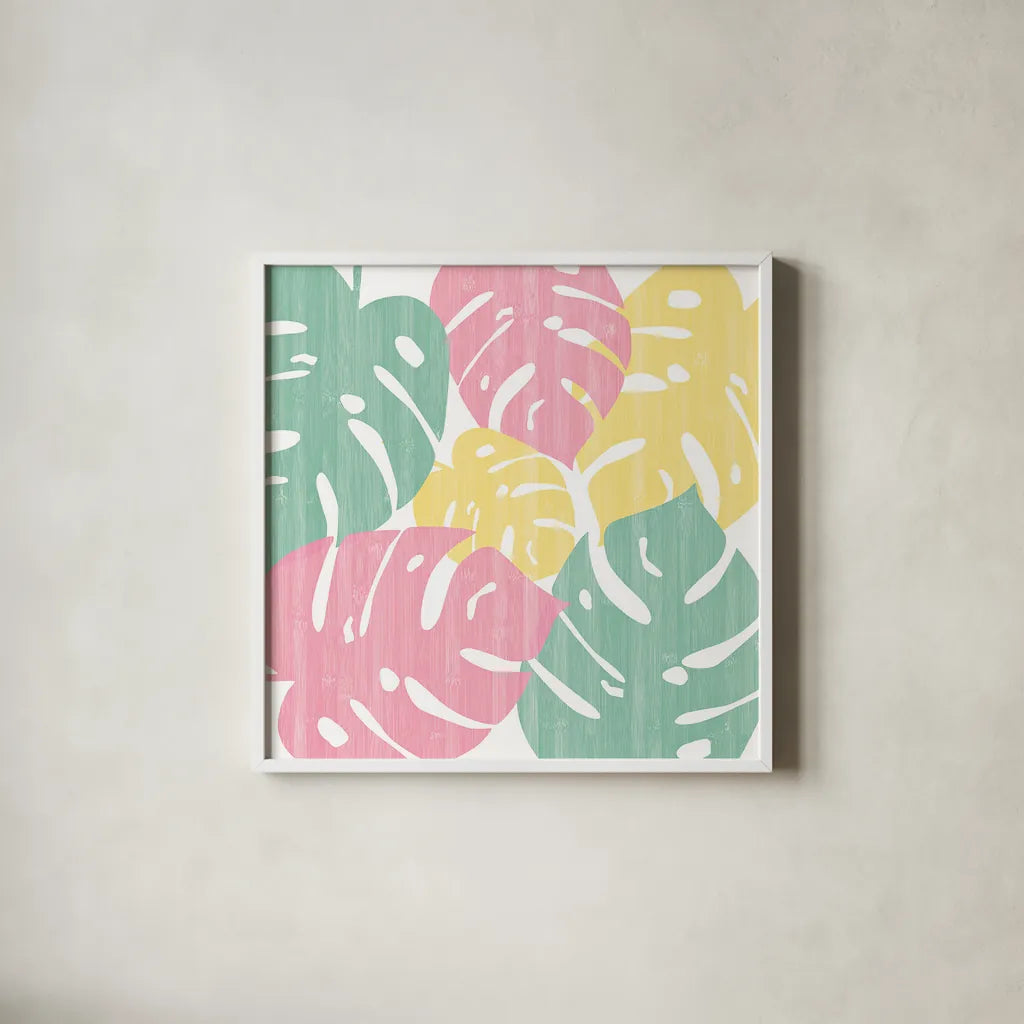 Monstera II Bright on White by Sarah Adams. Shown in a crisp white glass frame for a clean and minimalist style. Available as an archival giclee rolled canvas, fine art paper, or poster print. SKU 33648a.