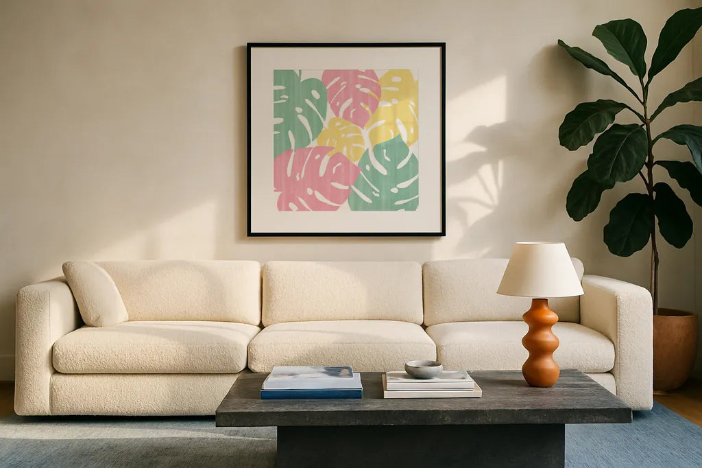Monstera II Bright on White by Sarah Adams. Displayed in a glass frame with matte in a clean modern living room. Available as an archival giclee rolled canvas, fine art paper, or poster print. SKU 33648a.