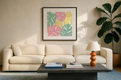 Monstera II Bright on White by Sarah Adams. Displayed in a glass frame with matte in a clean modern living room. Available as an archival giclee rolled canvas, fine art paper, or poster print. SKU 33648a.