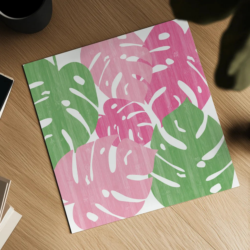 Monstera II Hot Pink by Sarah Adams. Shown as a detailed flat fine art print, highlighting archival giclee quality. Available as an archival giclee rolled canvas, fine art paper, or poster print. SKU 55313a.