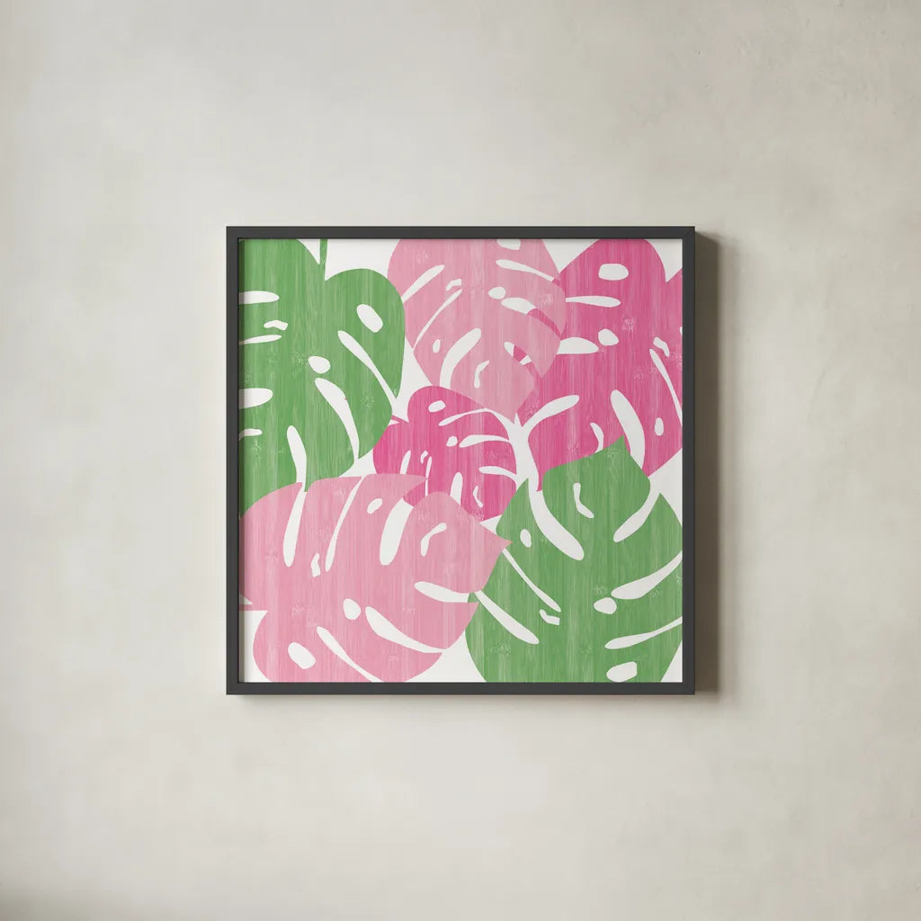 Monstera II Hot Pink by Sarah Adams. Shown in a sleek black glass frame for a contemporary gallery look. Available as an archival giclee rolled canvas, fine art paper, or poster print. SKU 55313a.