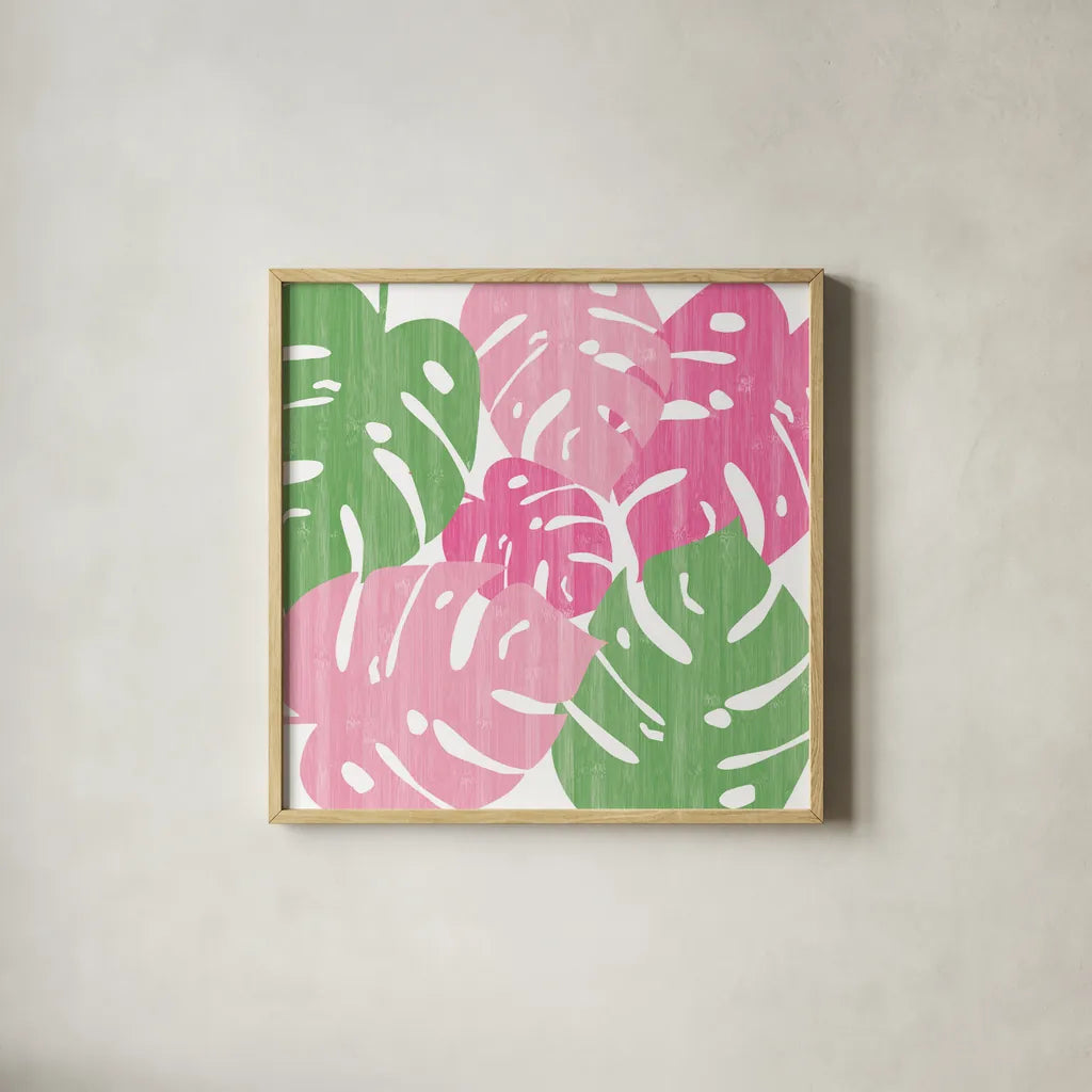 Monstera II Hot Pink by Sarah Adams. Shown in a natural wood glass frame for a timeless modern aesthetic. Available as an archival giclee rolled canvas, fine art paper, or poster print. SKU 55313a.