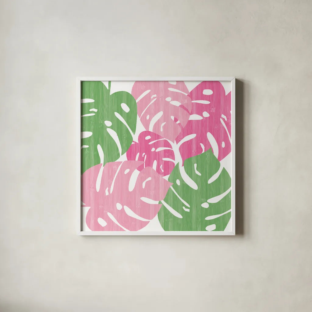 Monstera II Hot Pink by Sarah Adams. Shown in a crisp white glass frame for a clean and minimalist style. Available as an archival giclee rolled canvas, fine art paper, or poster print. SKU 55313a.
