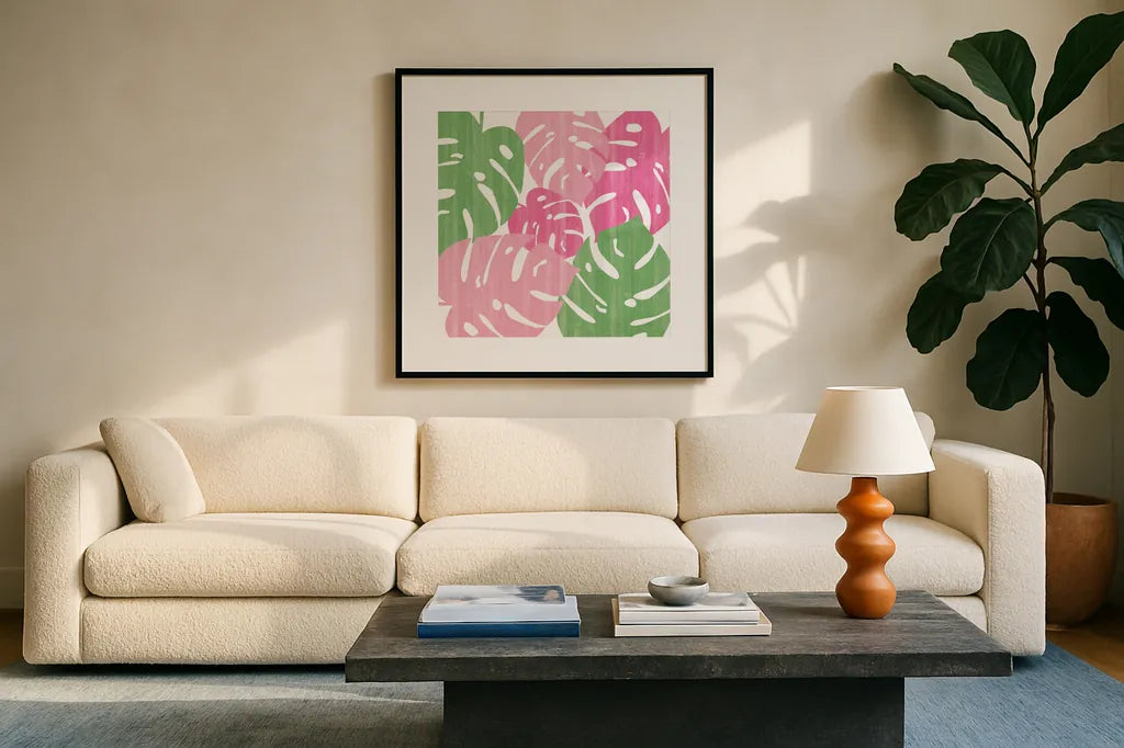 Monstera II Hot Pink by Sarah Adams. Displayed in a glass frame with matte in a clean modern living room. Available as an archival giclee rolled canvas, fine art paper, or poster print. SKU 55313a.