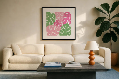 Monstera II Hot Pink by Sarah Adams. Displayed in a glass frame with matte in a clean modern living room. Available as an archival giclee rolled canvas, fine art paper, or poster print. SKU 55313a.