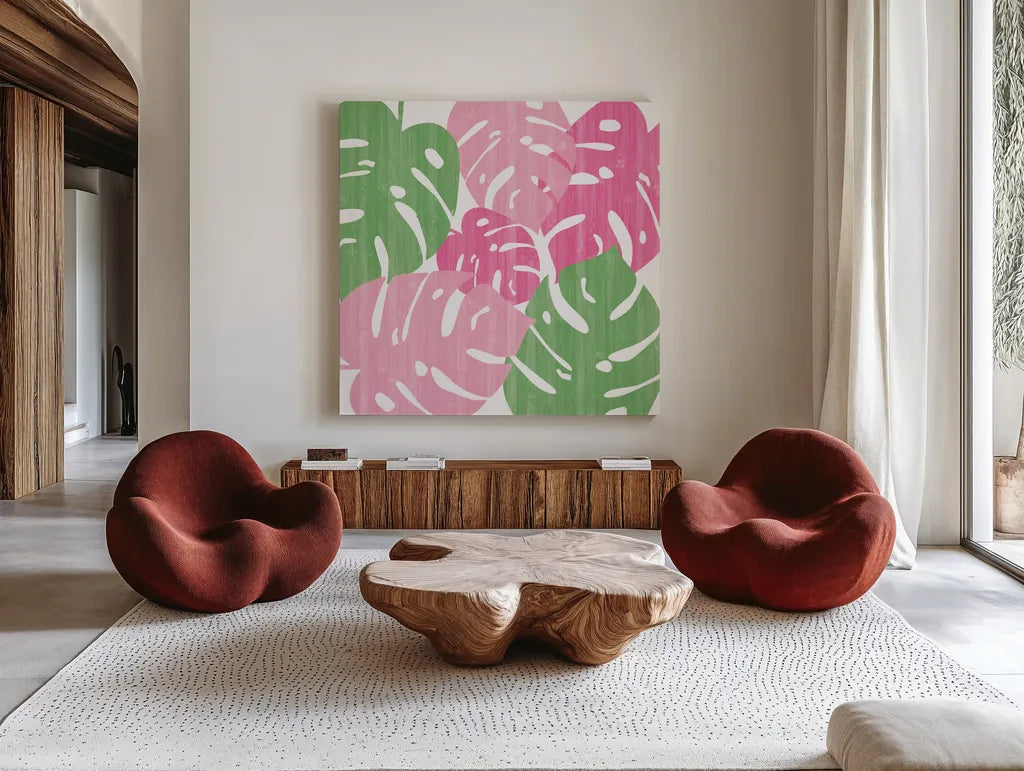 Monstera II Hot Pink by Sarah Adams. Shown as extra-large giant wall art in a modern living room. Available as an archival giclee rolled canvas, fine art paper, or poster print. SKU 55313a.