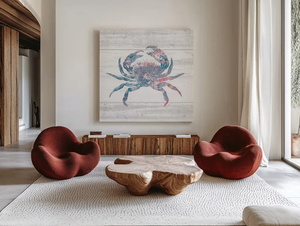 Ocean Life I by Sarah Adams. Shown as extra-large giant wall art in a modern living room. Available as an archival giclee rolled canvas, fine art paper, or poster print. SKU 35944a.