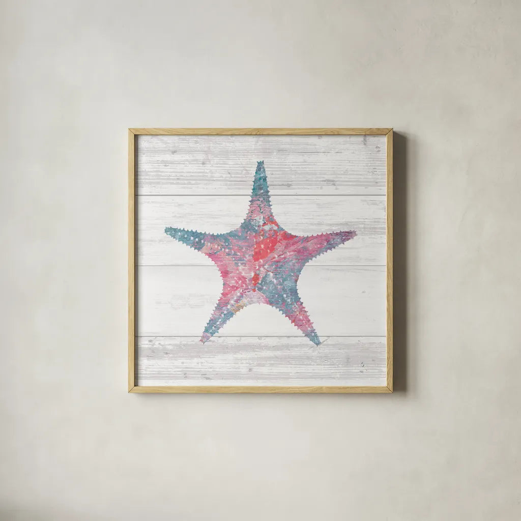 Ocean Life IV by Sarah Adams. Shown in a natural wood glass frame for a timeless modern aesthetic. Available as an archival giclee rolled canvas, fine art paper, or poster print. SKU 35947a.