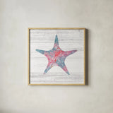 Ocean Life IV by Sarah Adams. Shown in a natural wood glass frame for a timeless modern aesthetic. Available as an archival giclee rolled canvas, fine art paper, or poster print. SKU 35947a.