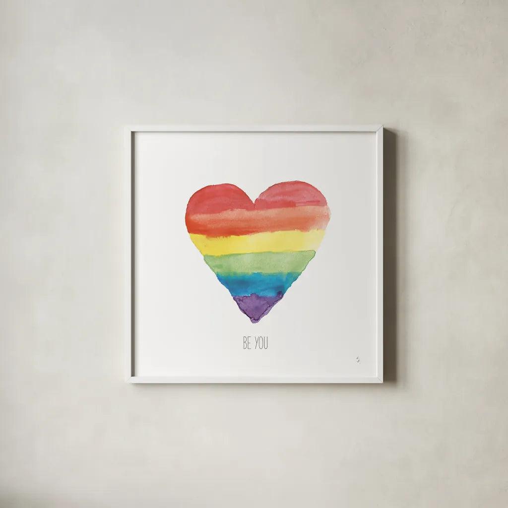 Rainbow Pride II by Sarah Adams. Shown in a crisp white glass frame for a clean and minimalist style. Available as an archival giclee rolled canvas, fine art paper, or poster print. SKU 76424a.