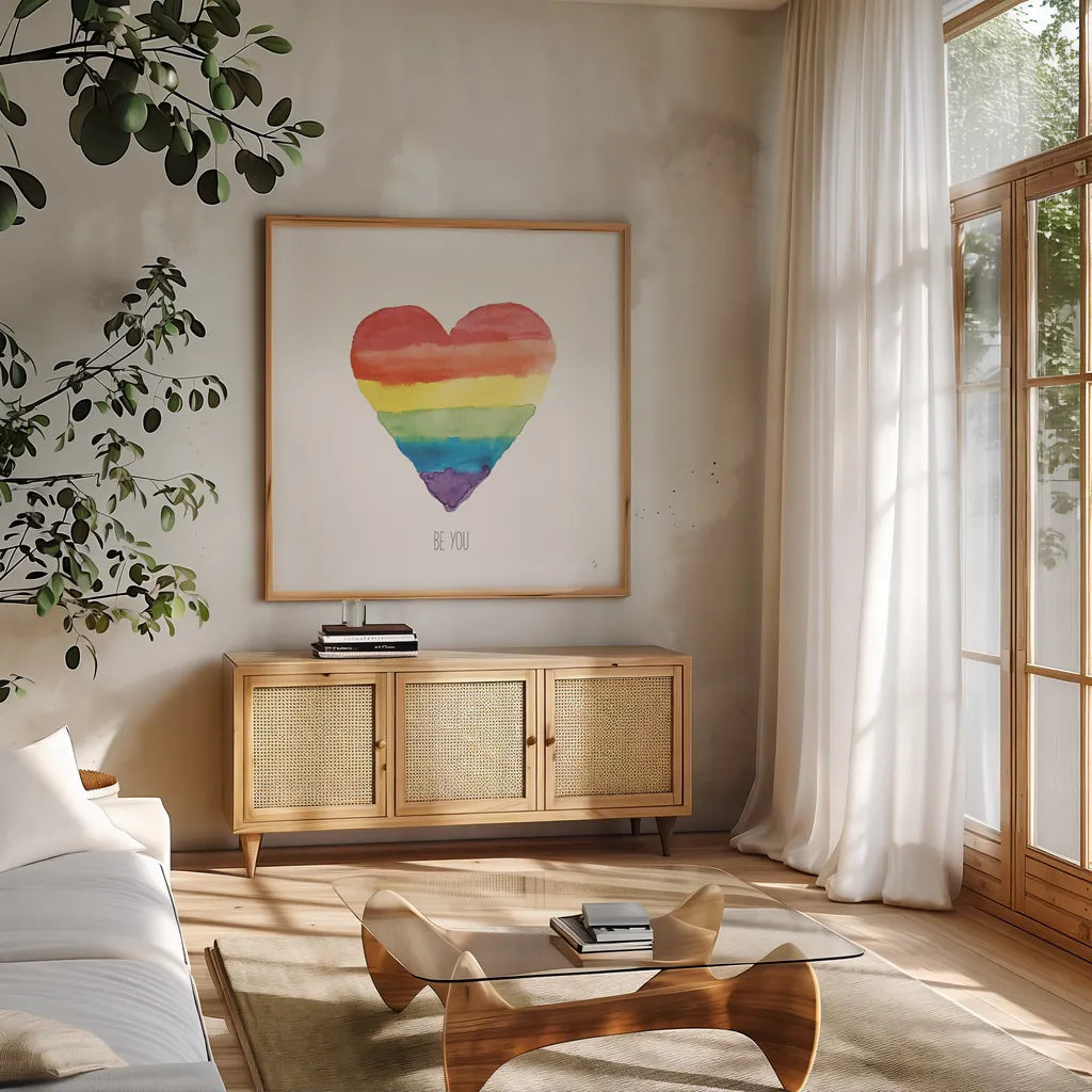 Rainbow Pride II by Sarah Adams. Shown in a natural wood frame in a cozy modern living room. Available as an archival giclee rolled canvas, fine art paper, or poster print. SKU 76424a.