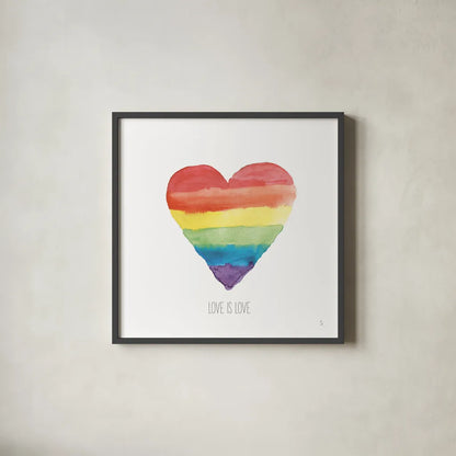 Rainbow Pride II Love by Sarah Adams. Shown in a sleek black glass frame for a contemporary gallery look. Available as an archival giclee rolled canvas, fine art paper, or poster print. SKU 85898a.