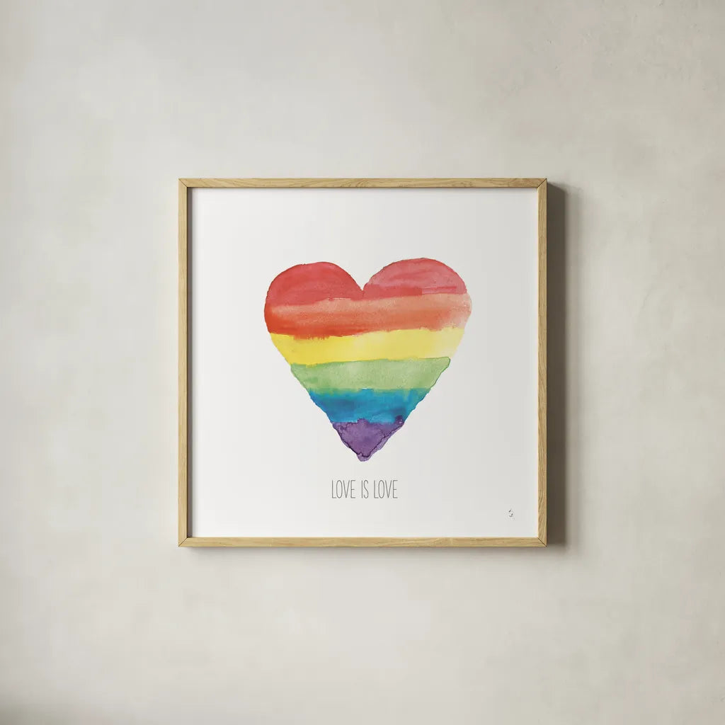 Rainbow Pride II Love by Sarah Adams. Shown in a natural wood glass frame for a timeless modern aesthetic. Available as an archival giclee rolled canvas, fine art paper, or poster print. SKU 85898a.