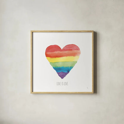 Rainbow Pride II Love by Sarah Adams. Shown in a natural wood glass frame for a timeless modern aesthetic. Available as an archival giclee rolled canvas, fine art paper, or poster print. SKU 85898a.