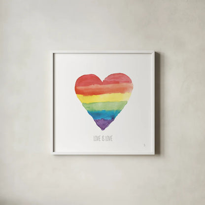 Rainbow Pride II Love by Sarah Adams. Shown in a crisp white glass frame for a clean and minimalist style. Available as an archival giclee rolled canvas, fine art paper, or poster print. SKU 85898a.