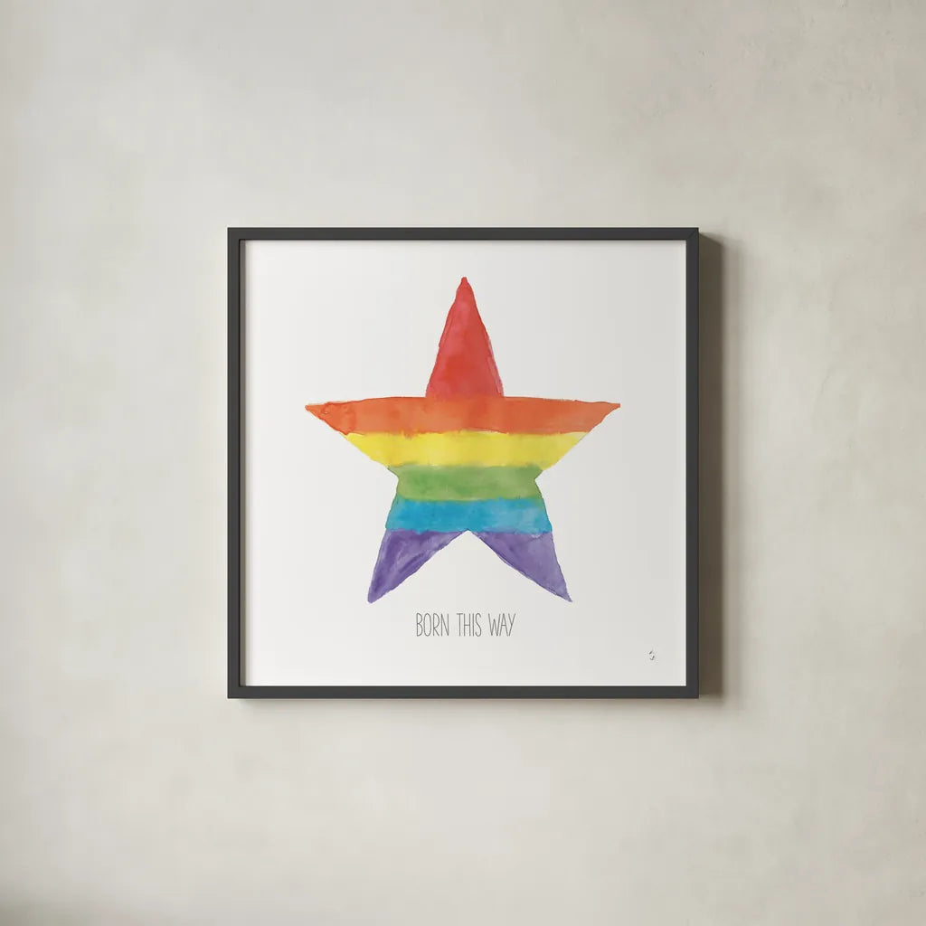 Rainbow Pride III by Sarah Adams. Shown in a sleek black glass frame for a contemporary gallery look. Available as an archival giclee rolled canvas, fine art paper, or poster print. SKU 76425a.