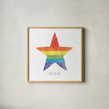 Rainbow Pride III by Sarah Adams. Shown in a natural wood glass frame for a timeless modern aesthetic. Available as an archival giclee rolled canvas, fine art paper, or poster print. SKU 76425a.