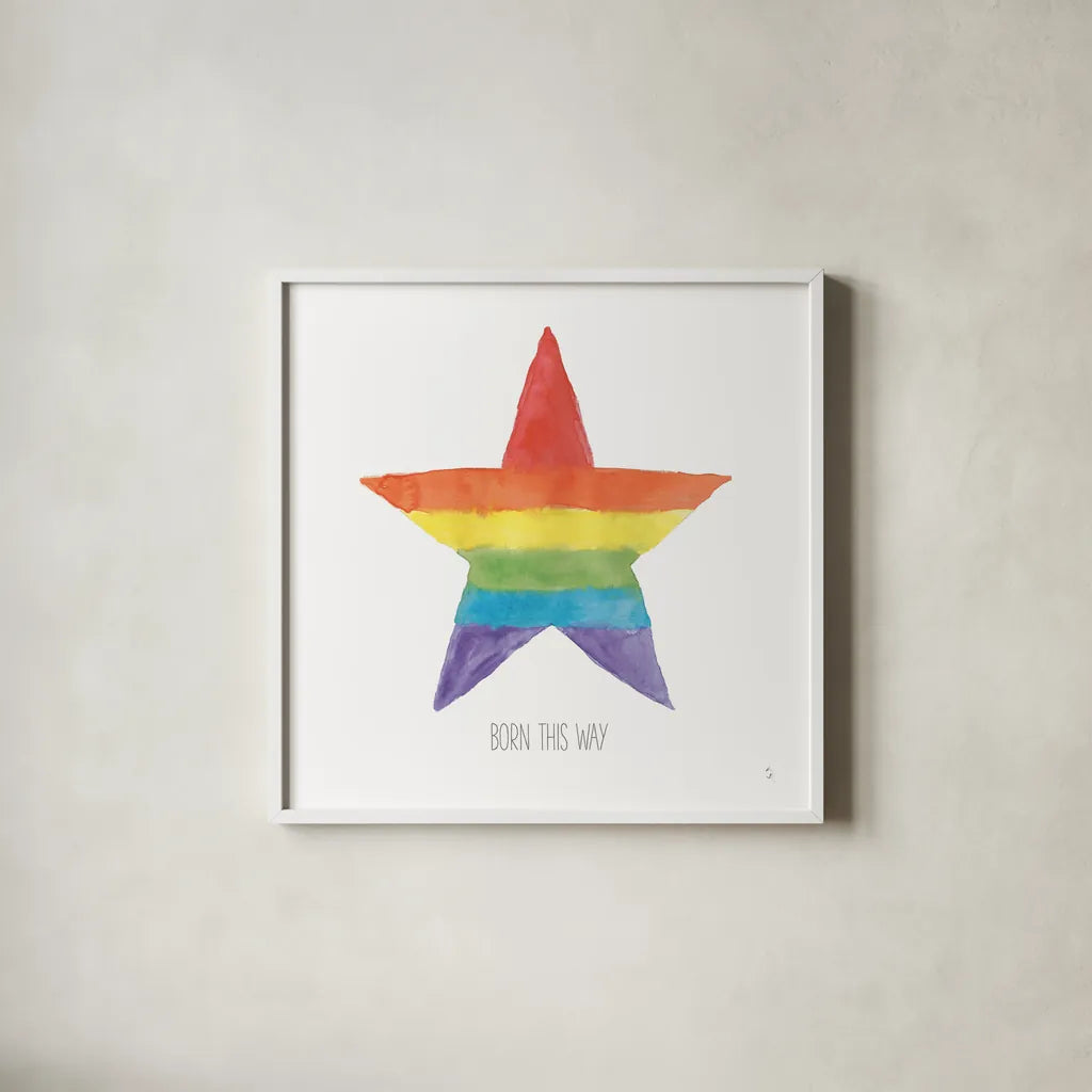 Rainbow Pride III by Sarah Adams. Shown in a crisp white glass frame for a clean and minimalist style. Available as an archival giclee rolled canvas, fine art paper, or poster print. SKU 76425a.