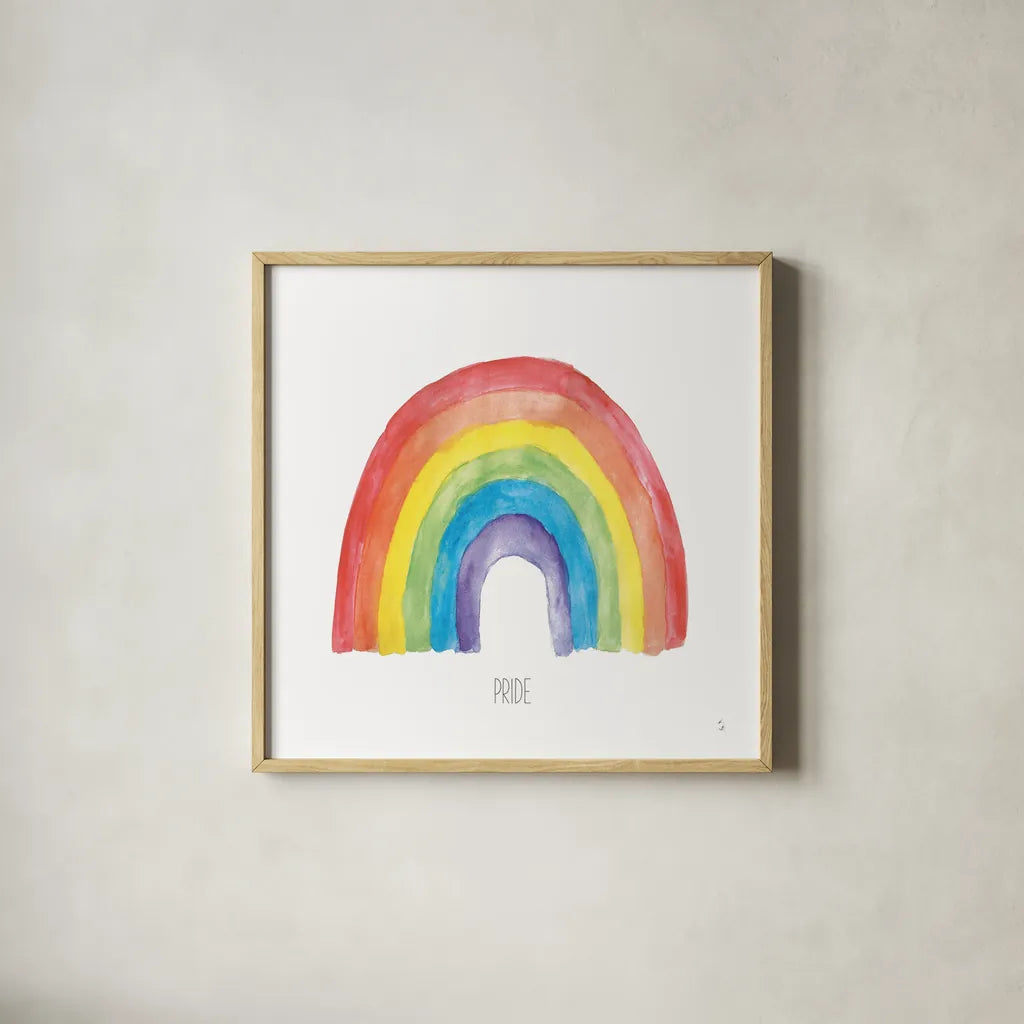 Rainbow Pride IV by Sarah Adams. Shown in a natural wood glass frame for a timeless modern aesthetic. Available as an archival giclee rolled canvas, fine art paper, or poster print. SKU 76426a.