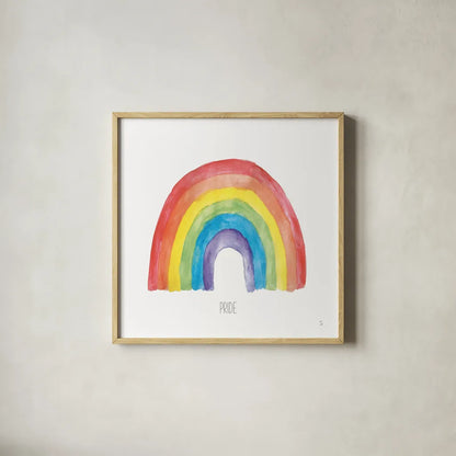 Rainbow Pride IV by Sarah Adams. Shown in a natural wood glass frame for a timeless modern aesthetic. Available as an archival giclee rolled canvas, fine art paper, or poster print. SKU 76426a.