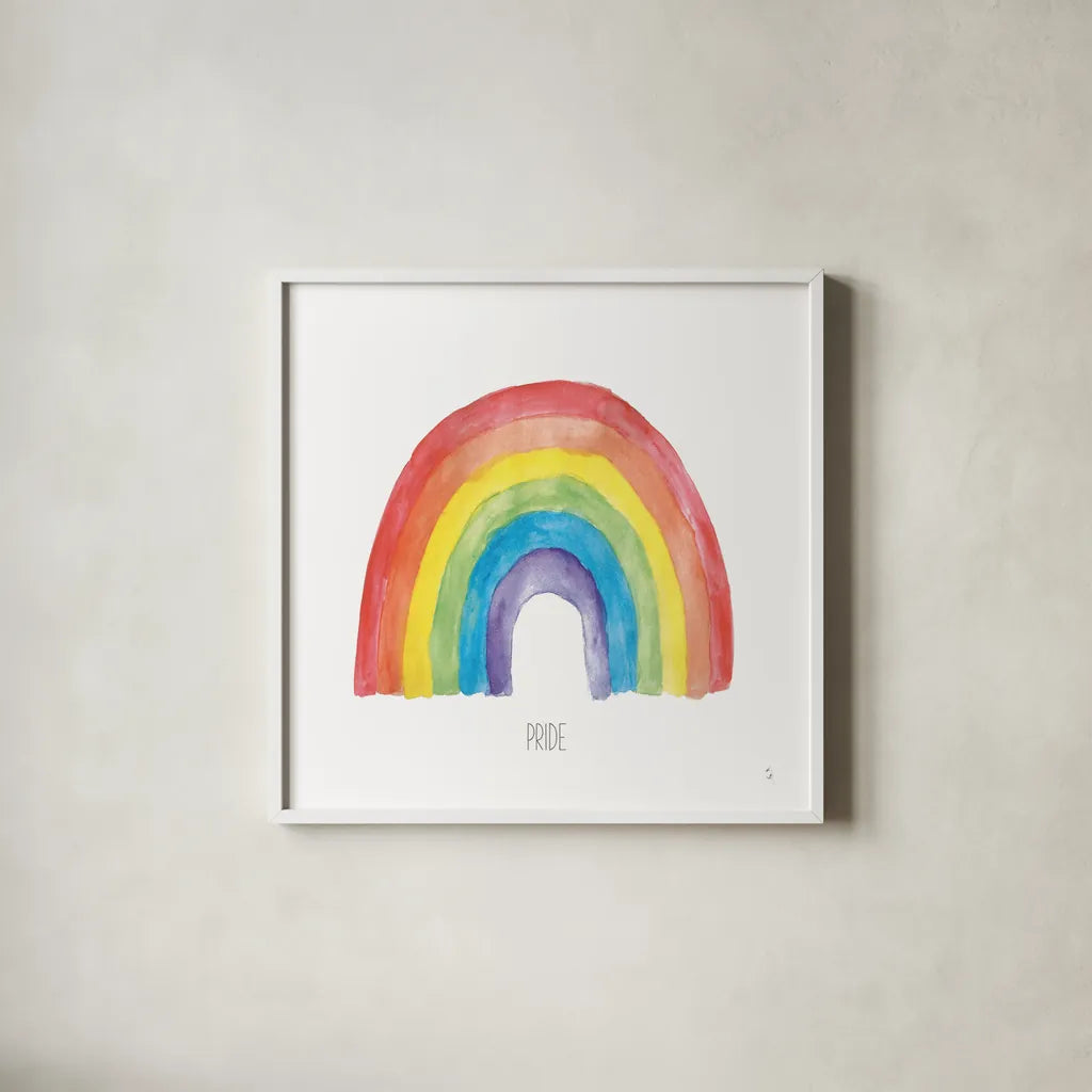 Rainbow Pride IV by Sarah Adams. Shown in a crisp white glass frame for a clean and minimalist style. Available as an archival giclee rolled canvas, fine art paper, or poster print. SKU 76426a.