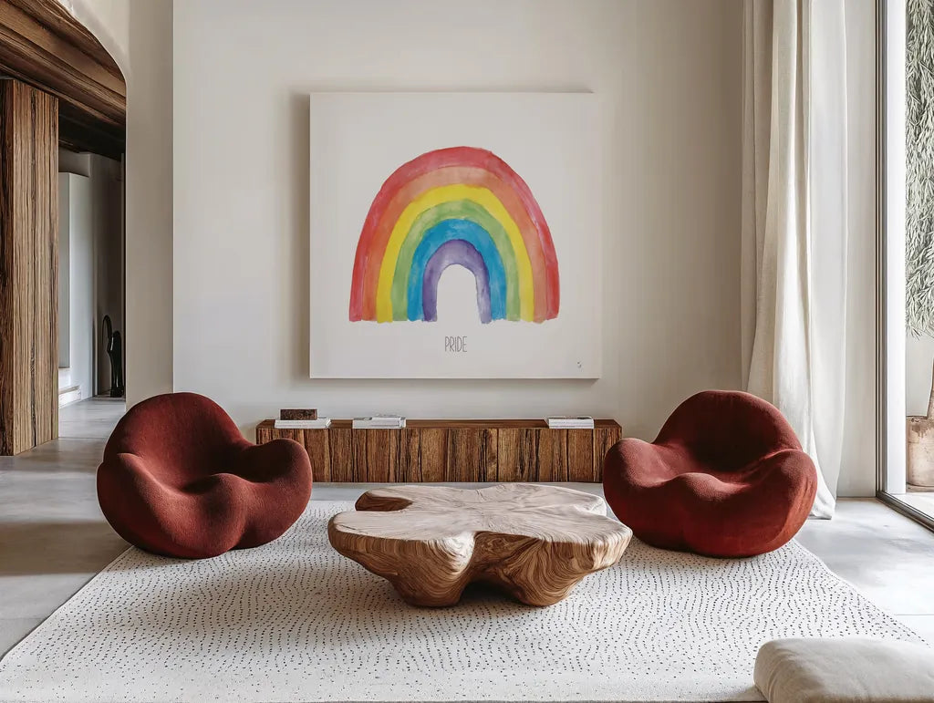 Rainbow Pride IV by Sarah Adams. Shown as extra-large giant wall art in a modern living room. Available as an archival giclee rolled canvas, fine art paper, or poster print. SKU 76426a.