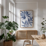 Soft Leaves II by Sarah Adams. shown as a print in a natural wood frame in a dining room. Available as a archival giclee rolled canvas, fine art paper, or poster print. SKU 89905h.