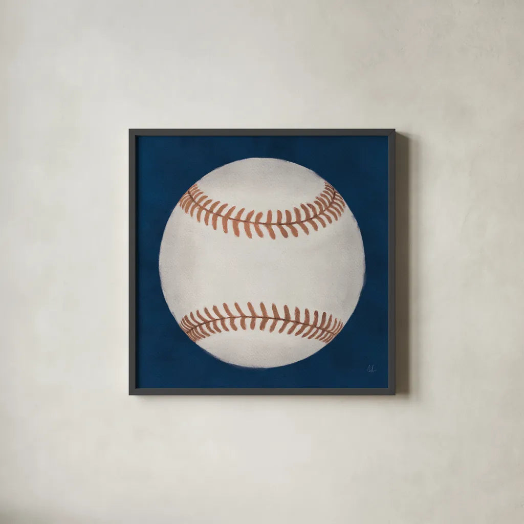 Sports Classics I by Sarah Adams. Shown in a sleek black glass frame for a contemporary gallery look. Available as an archival giclee rolled canvas, fine art paper, or poster print. SKU 95805a.