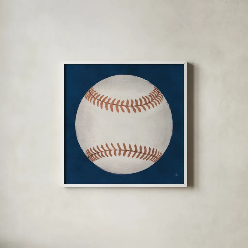 Sports Classics I by Sarah Adams. Shown in a crisp white glass frame for a clean and minimalist style. Available as an archival giclee rolled canvas, fine art paper, or poster print. SKU 95805a.