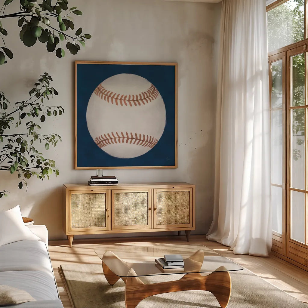 Sports Classics I by Sarah Adams. Shown in a natural wood frame in a cozy modern living room. Available as an archival giclee rolled canvas, fine art paper, or poster print. SKU 95805a.