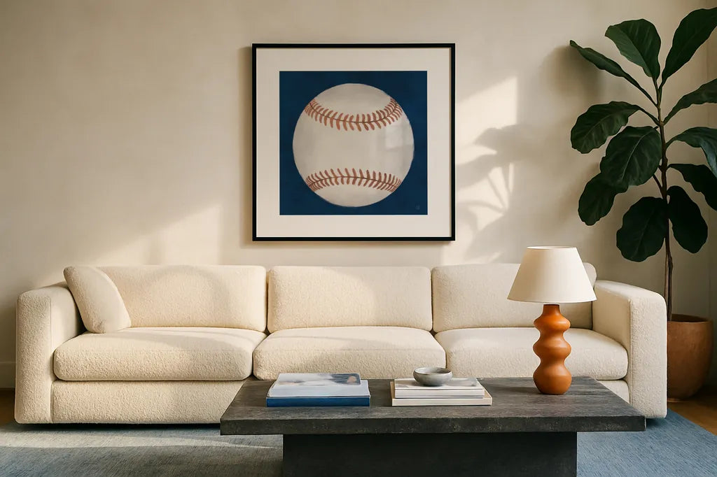 Sports Classics I by Sarah Adams. Displayed in a glass frame with matte in a clean modern living room. Available as an archival giclee rolled canvas, fine art paper, or poster print. SKU 95805a.