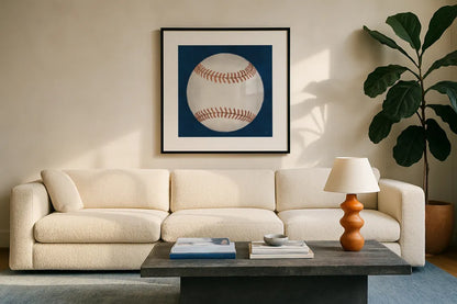 Sports Classics I by Sarah Adams. Displayed in a glass frame with matte in a clean modern living room. Available as an archival giclee rolled canvas, fine art paper, or poster print. SKU 95805a.