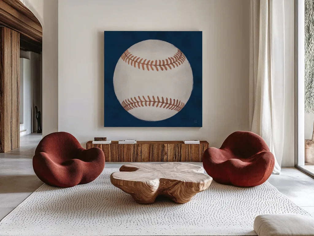 Sports Classics I by Sarah Adams. Shown as extra-large giant wall art in a modern living room. Available as an archival giclee rolled canvas, fine art paper, or poster print. SKU 95805a.