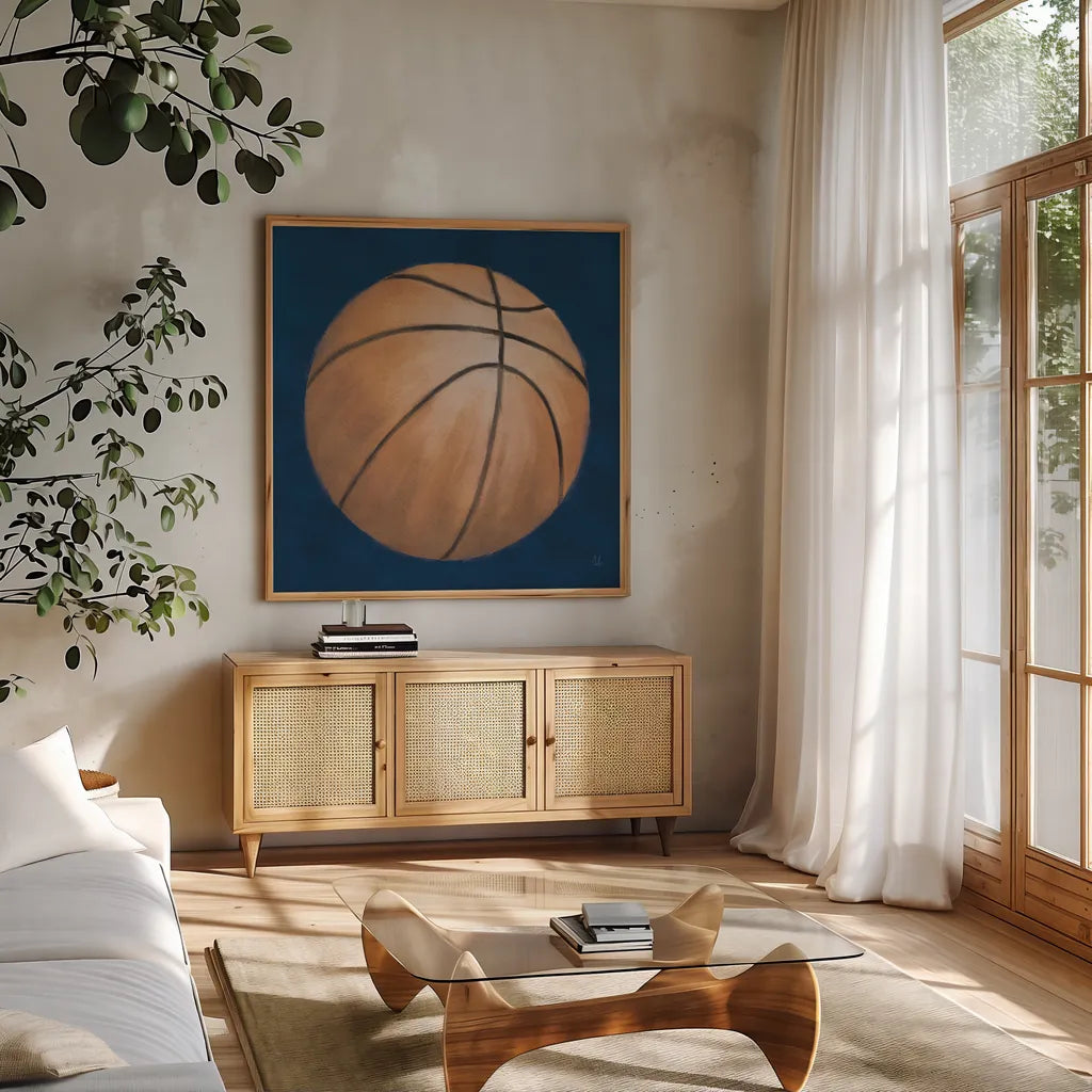 Sports Classics II by Sarah Adams. Shown in a natural wood frame in a cozy modern living room. Available as an archival giclee rolled canvas, fine art paper, or poster print. SKU 95806a.