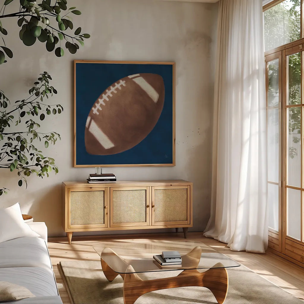 Sports Classics III by Sarah Adams. Shown in a natural wood frame in a cozy modern living room. Available as an archival giclee rolled canvas, fine art paper, or poster print. SKU 95807a.