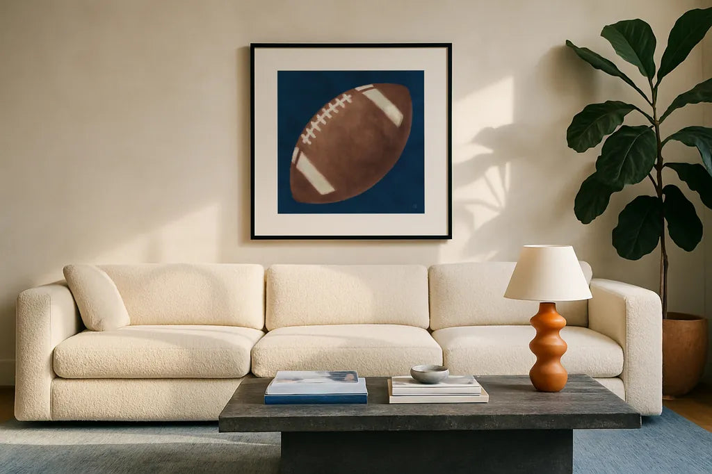 Sports Classics III by Sarah Adams. Displayed in a glass frame with matte in a clean modern living room. Available as an archival giclee rolled canvas, fine art paper, or poster print. SKU 95807a.