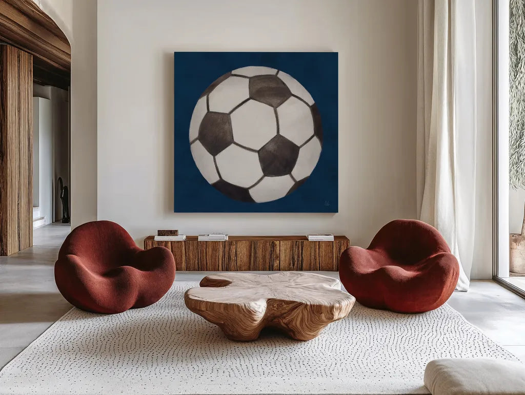 Sports Classics IV by Sarah Adams. Shown as extra-large giant wall art in a modern living room. Available as an archival giclee rolled canvas, fine art paper, or poster print. SKU 95808a.