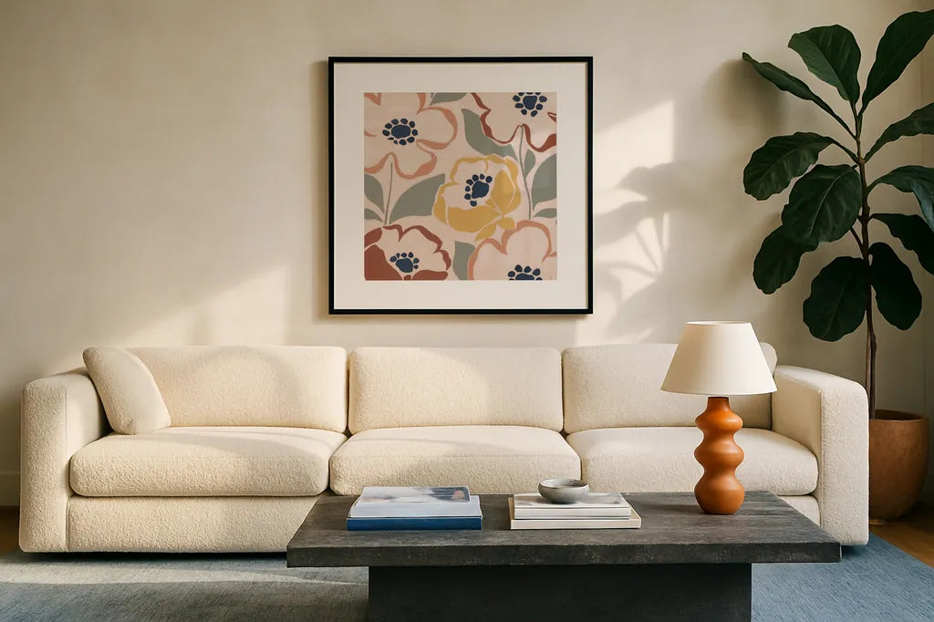Terra Madly III by Sarah Adams. Displayed in a glass frame with matte in a clean modern living room. Available as an archival giclee rolled canvas, fine art paper, or poster print. SKU 57193a.