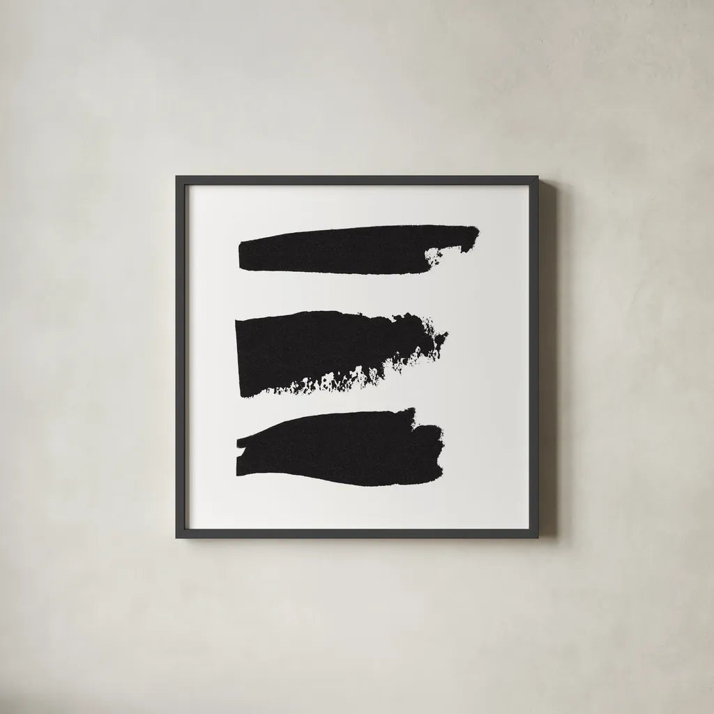Threes Company I by Sarah Adams. Shown in a sleek black glass frame for a contemporary gallery look. Available as an archival giclee rolled canvas, fine art paper, or poster print. SKU 32240a.
