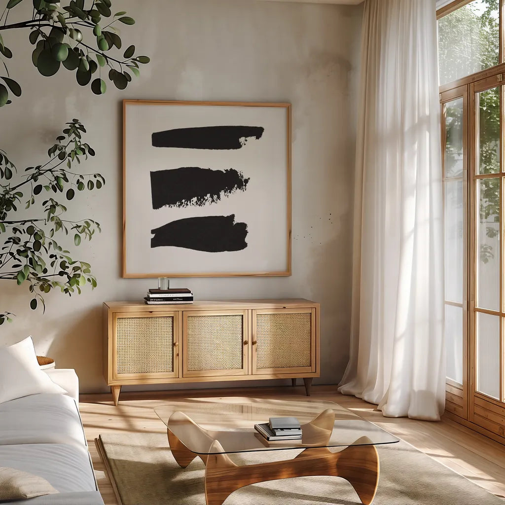 Threes Company I by Sarah Adams. Shown in a natural wood frame in a cozy modern living room. Available as an archival giclee rolled canvas, fine art paper, or poster print. SKU 32240a.